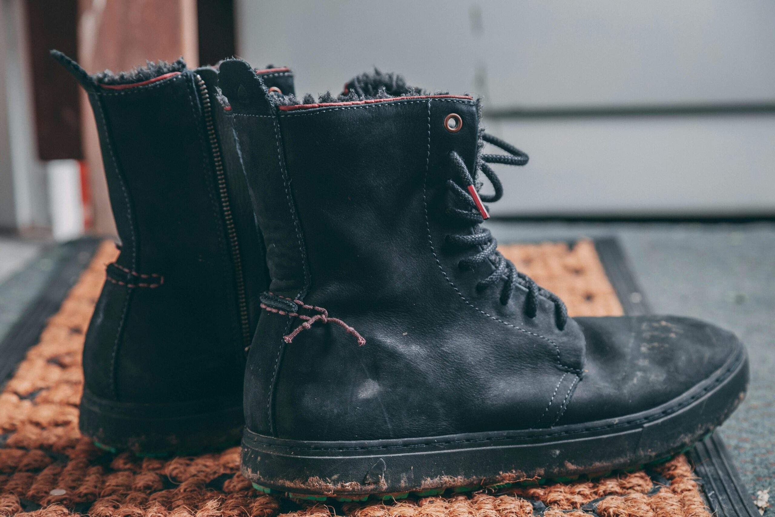 Close-up of durable winter boots lined with fur