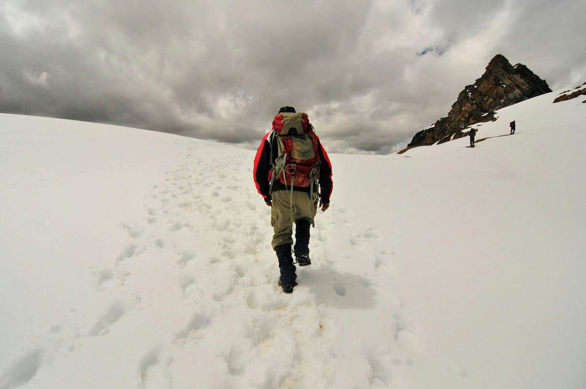 Close-up photo showcasing the ideal gear setup for powder snowshoeing, including wide snowshoes and adjustable poles